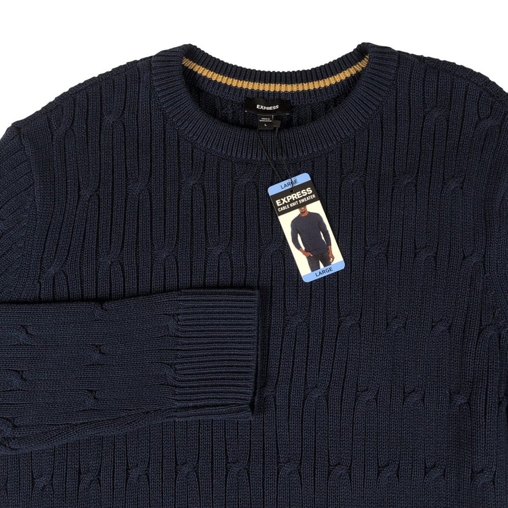 Express 100% Cotton Cable Knit Crewneck Sweater Large Pageant Blue Preppy NWT